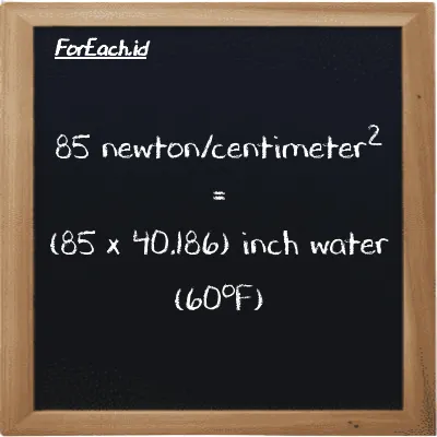 How to convert newton/centimeter<sup>2</sup> to inch water (60<sup>o</sup>F): 85 newton/centimeter<sup>2</sup> (N/cm<sup>2</sup>) is equivalent to 85 times 40.186 inch water (60<sup>o</sup>F) (inH20)